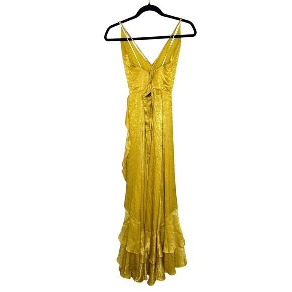 Lulus NWOT In Love Forever Mustard Yellow Satin Lace-Up High-Low Maxi Dress L - Picture 4 of 8